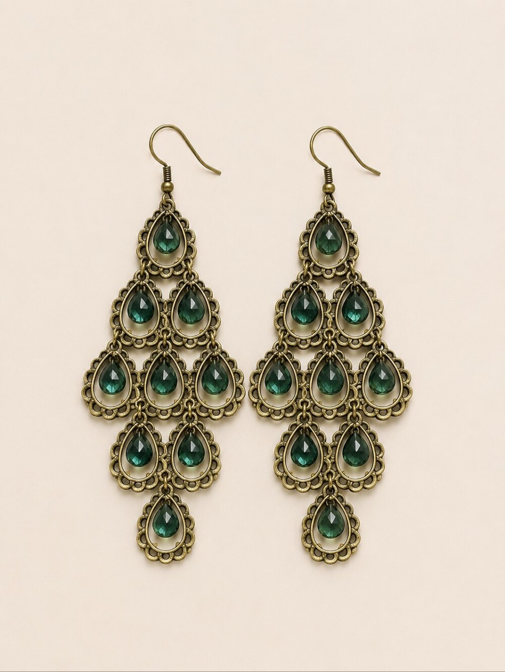 VTG Long Antique Brass Green Prism Gasparilla Chandalier Earrings